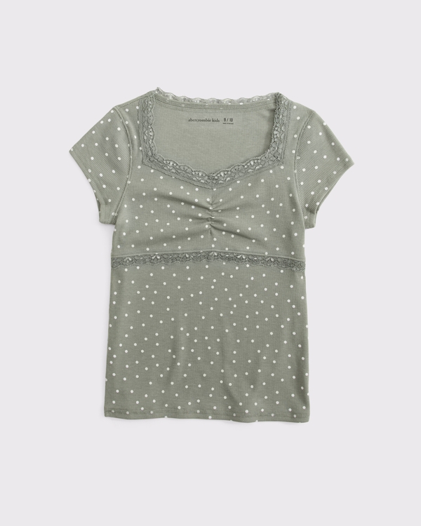 short-sleeve lace-trim top, Slate Green Dot view 1