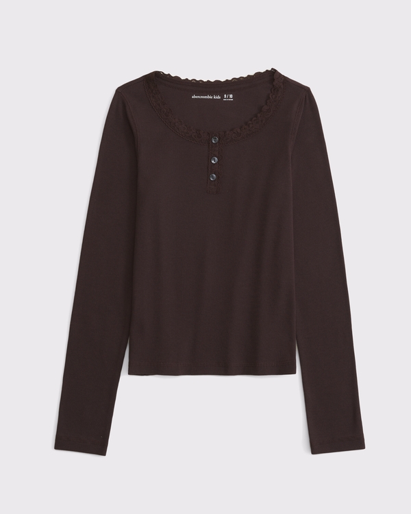 long-sleeve lace-trim henley, Rich Brown view 1