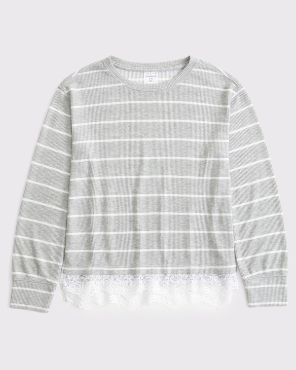 long-sleeve lace-trim waffle tee