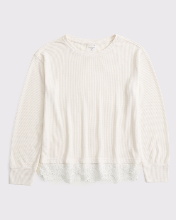long-sleeve lace-trim waffle tee