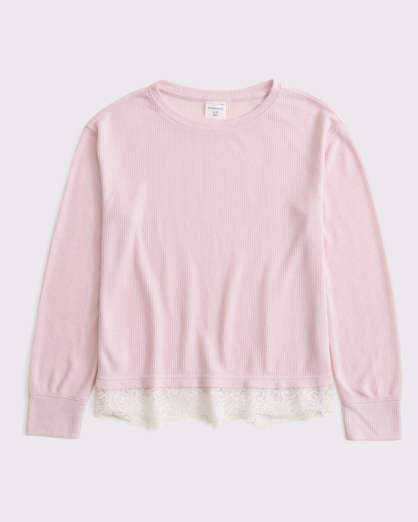 long-sleeve lace-trim waffle tee