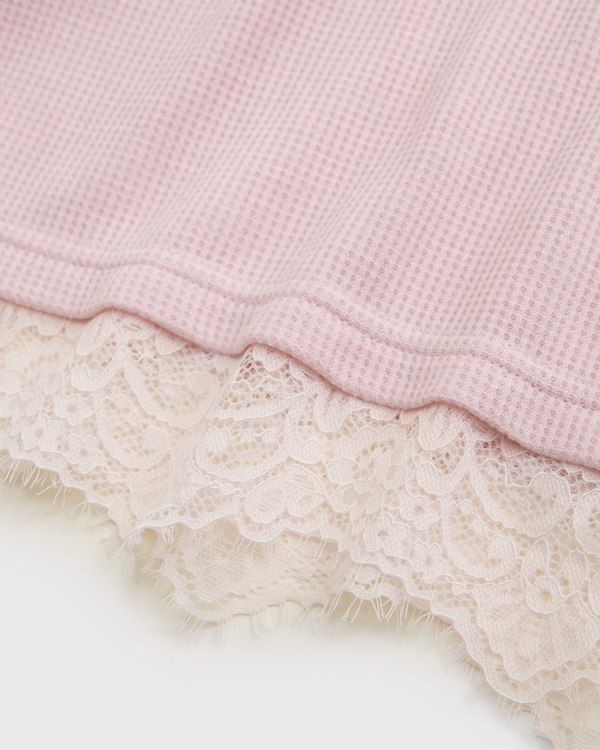 long-sleeve lace-trim waffle tee, Baby Pink view 2