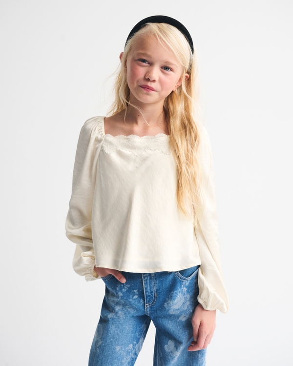 lace-trim satin top, Cream view 1