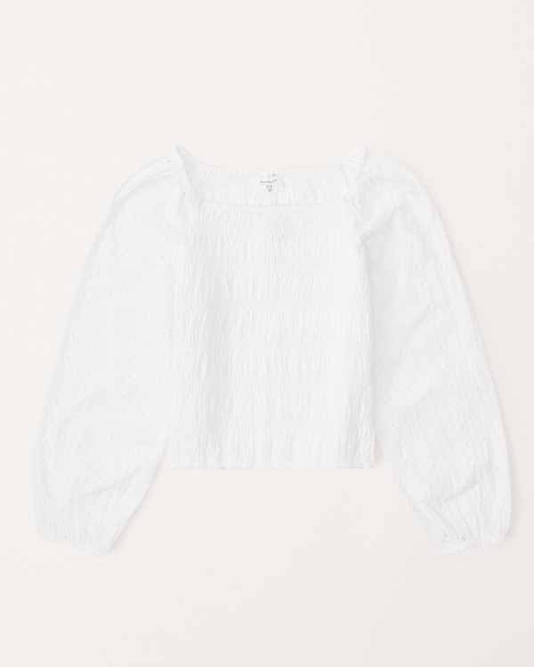 long-sleeve eyelet smocked top, White