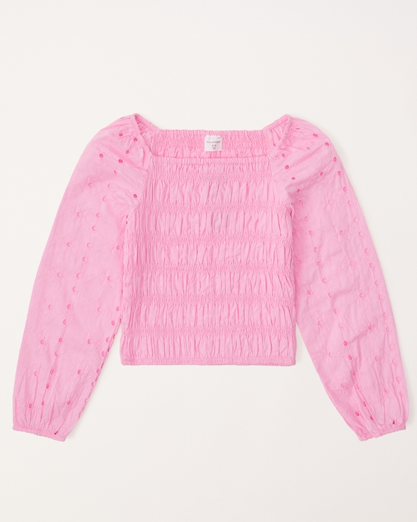 long-sleeve eyelet smocked top, Pink