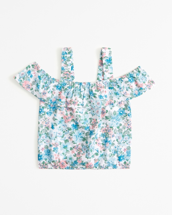 linen-blend off-the-shoulder set top, Blue Floral
