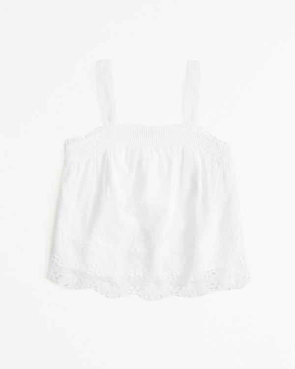 embroidered cutwork squareneck set top, White