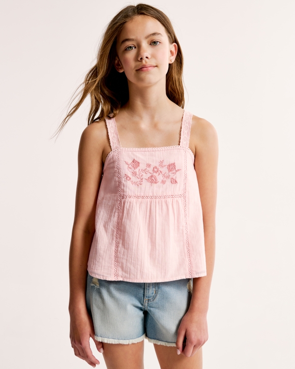 lace-trim embroidered top, Light Pink