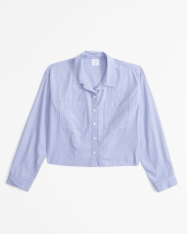 cropped poplin button-up shirt, Blue Stripe view 2