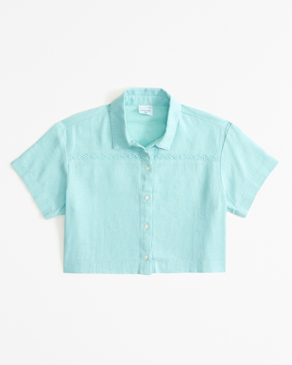 cropped linen-blend embroidered shirt, Turquoise