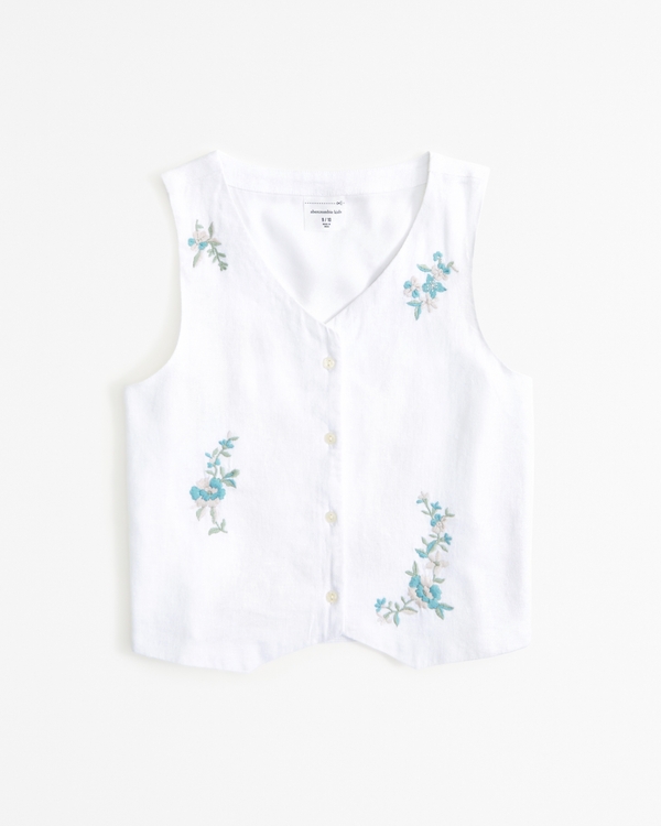 cropped linen-blend embroidered vest, White