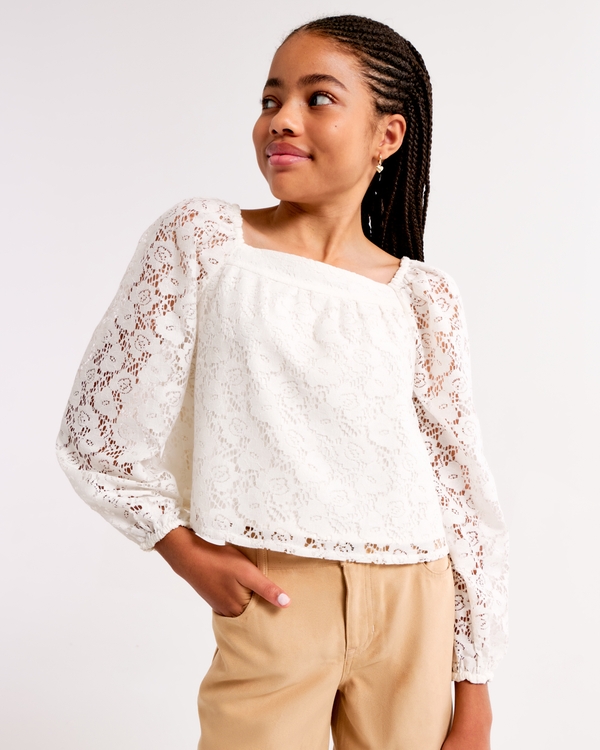 long-sleeve lace top, White