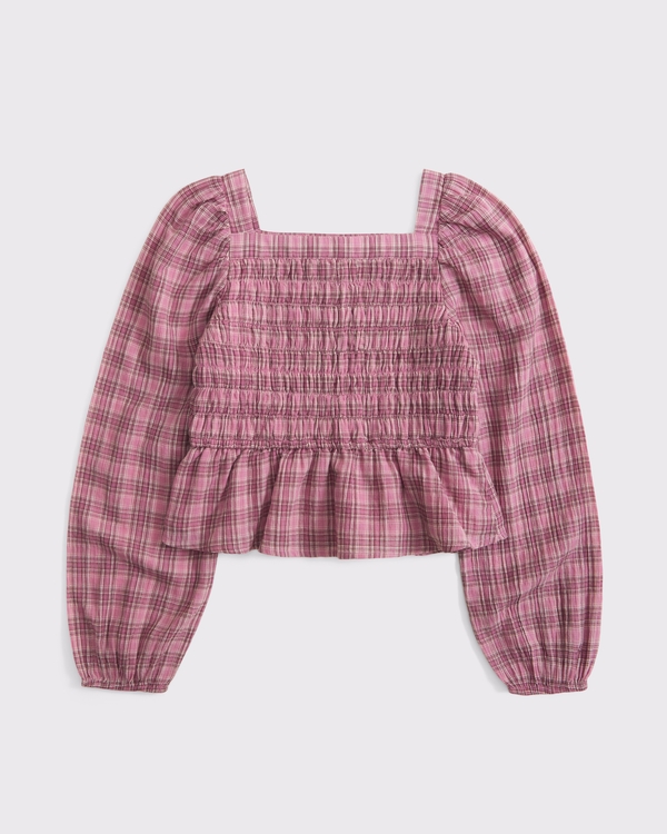 long-sleeve smocked puff sleeve top, Pink Plaid view 1