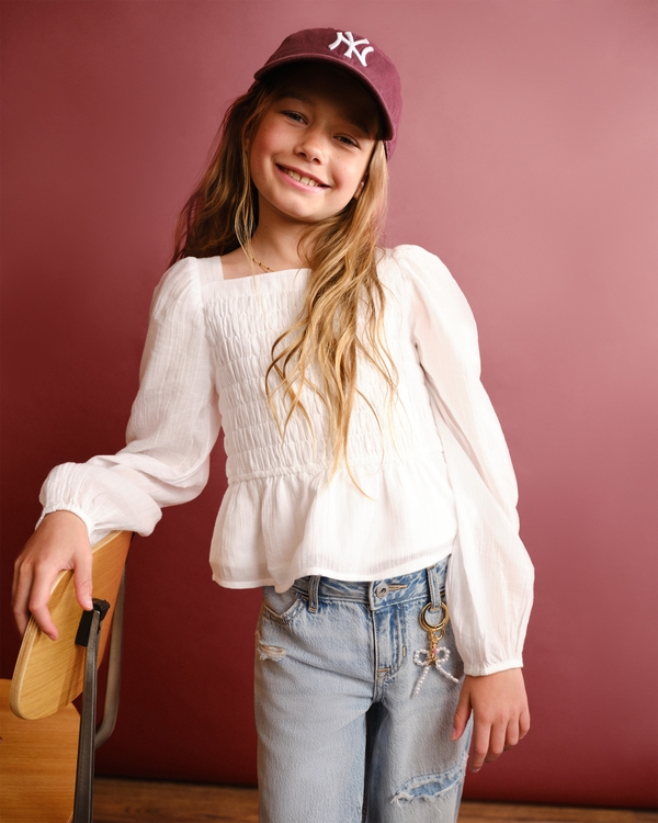 long-sleeve smocked puff sleeve top, White view 1