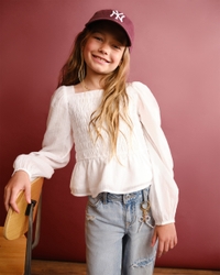 long-sleeve smocked puff sleeve top