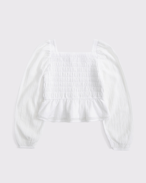 long-sleeve smocked puff sleeve top, White view 1