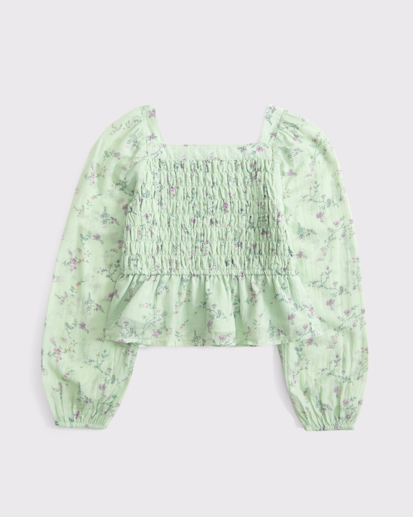 long-sleeve smocked puff sleeve top, Green Floral view 1