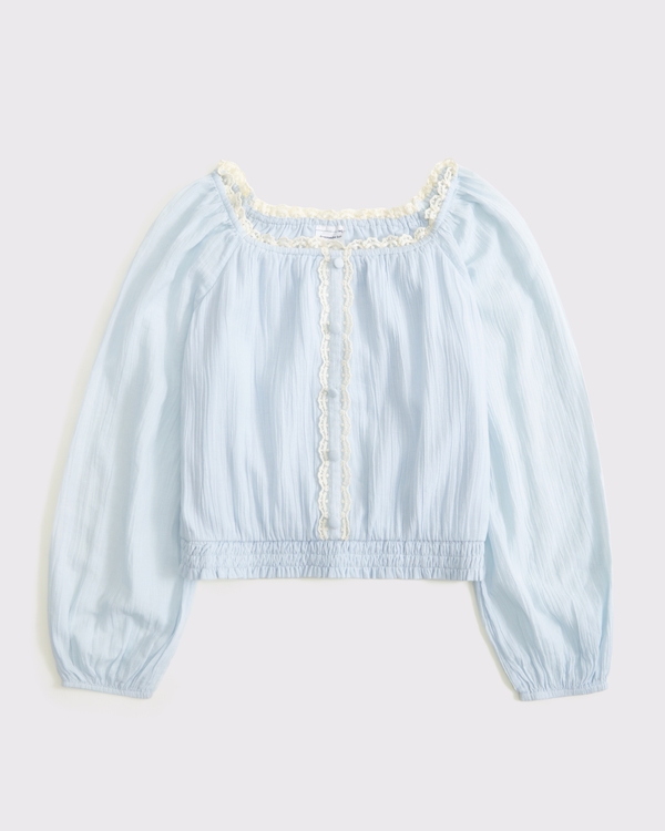 long-sleeve lace-trim embellished top, Light Blue view 1