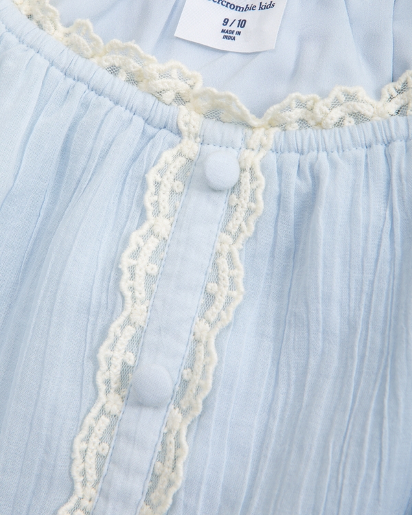 long-sleeve lace-trim embellished top, Light Blue view 2