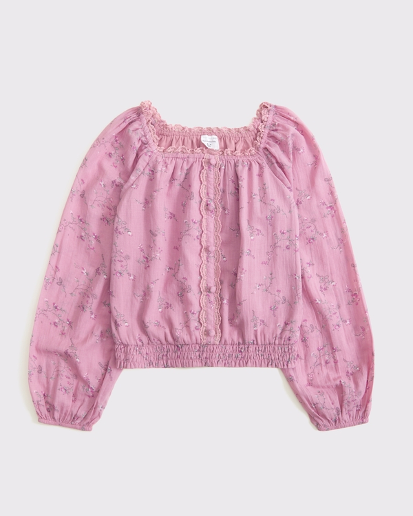 long-sleeve lace-trim embellished top, Pink Floral view 1