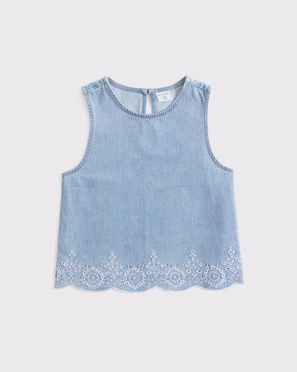 embroidered denim set top, Light Wash Denim view 1
