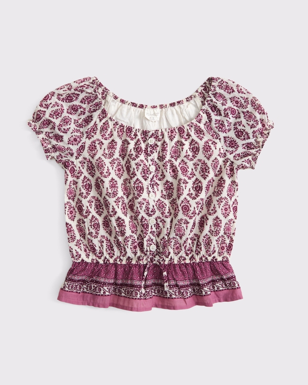 cinched button-through puff sleeve top, Red Pattern view 1