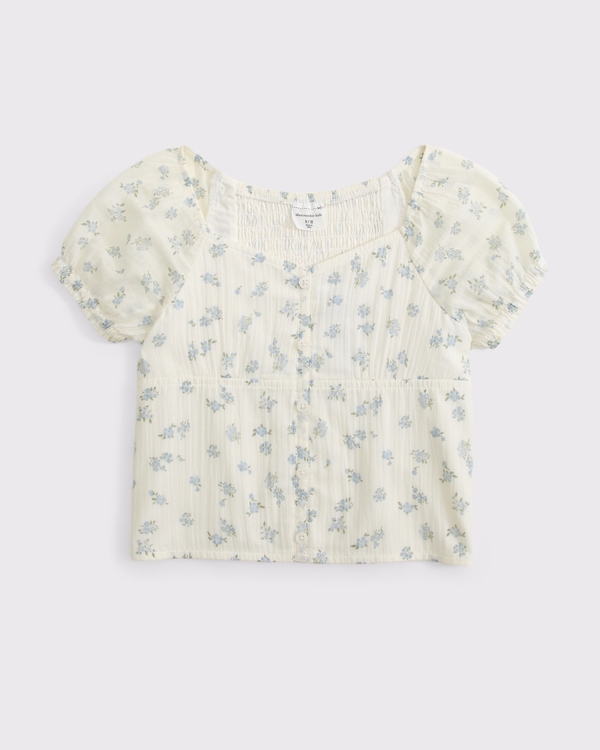100% cotton button-through puff-sleeve top, Cream Floral view 1