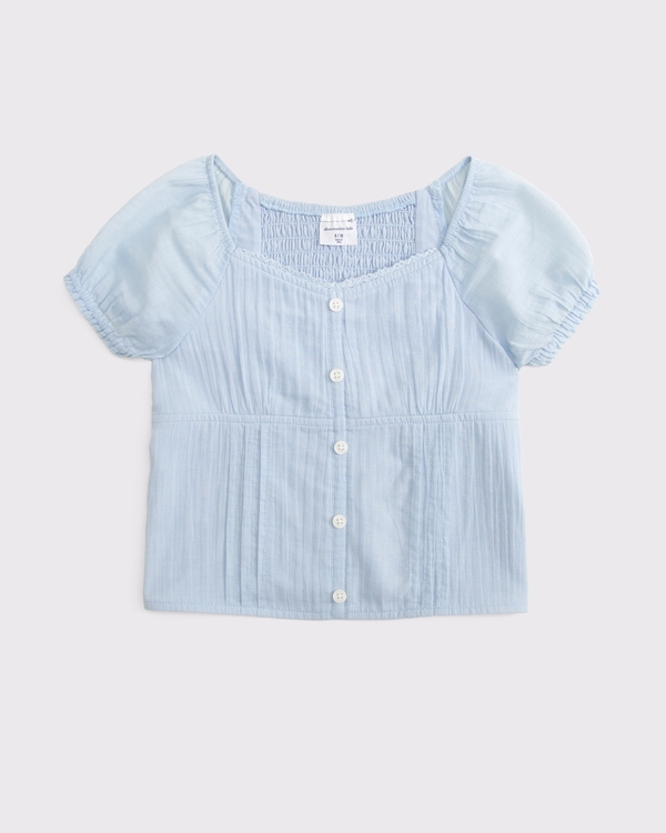 100% cotton button-through puff-sleeve top, Light Blue view 1