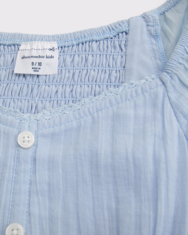 100% cotton button-through puff-sleeve top, Light Blue view 2