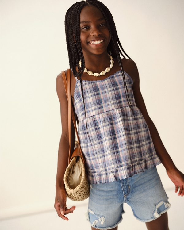lace-trim babydoll tank, Navy Plaid view 1