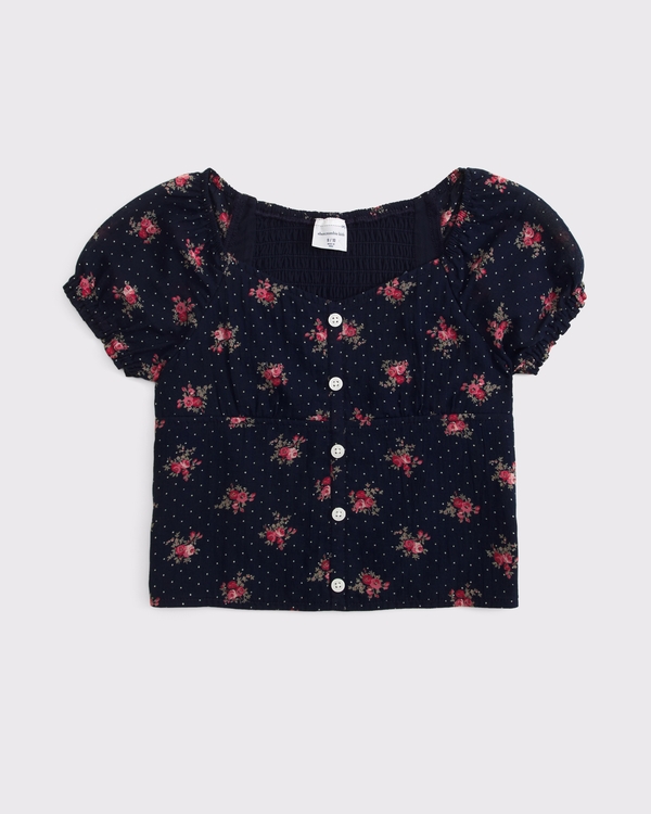 100% cotton button-through puff-sleeve top, Navy Floral view 1