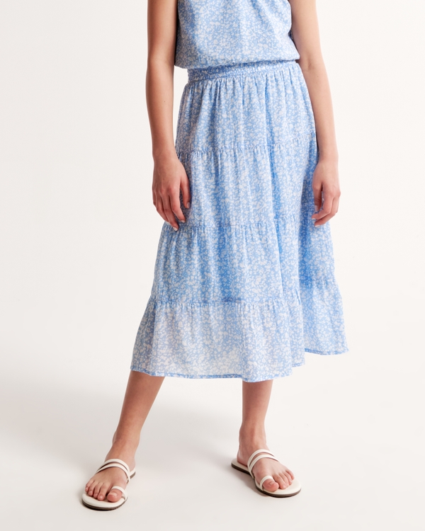 smocked tiered maxi skirt, Blue Floral