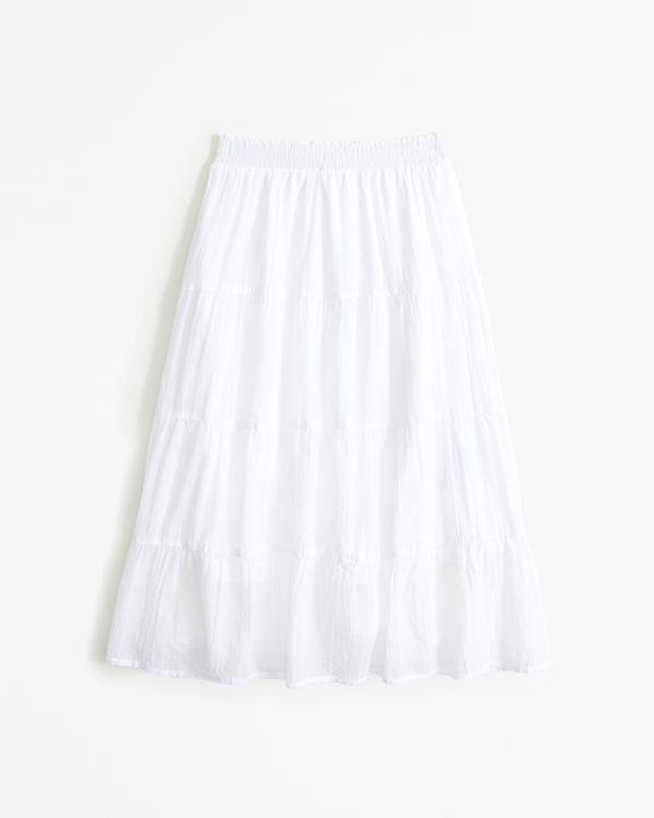 smocked tiered maxi skirt, White