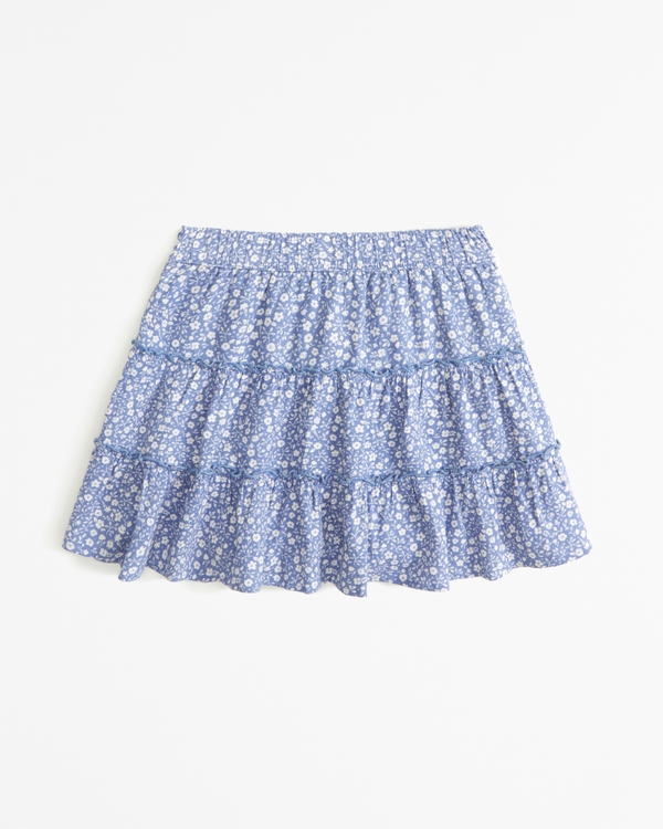 linen-blend tiered skort, Blue Floral