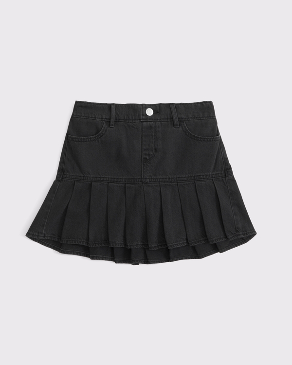 denim drop-waist pleated skort, Black Denim view 1