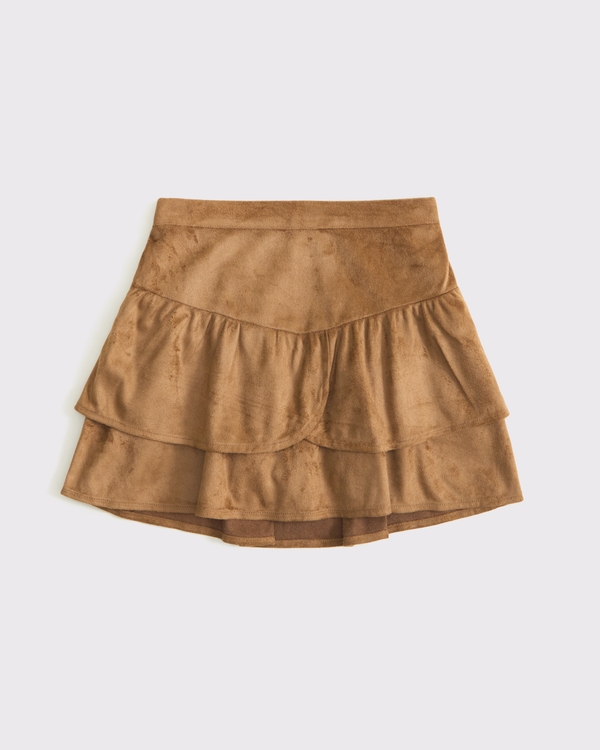 boho tiered vegan suede mini skort, Brown view 1