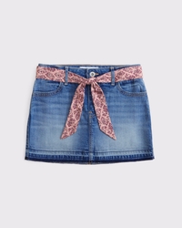 low rise belted denim mini skort