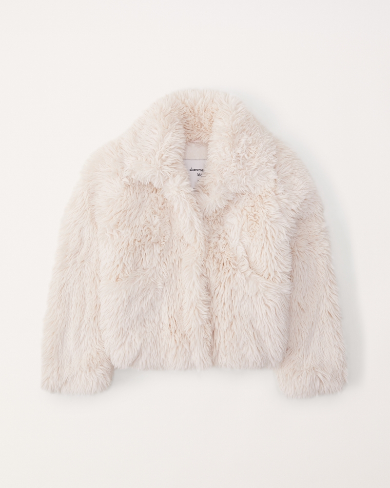 Girls Faux Fur Jacket in Cream | Size 15/16 | Abercrombie Kids