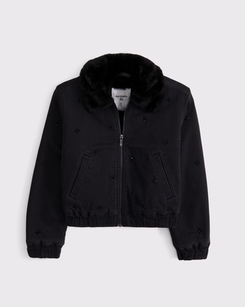 faux fur collar denim bomber jacket