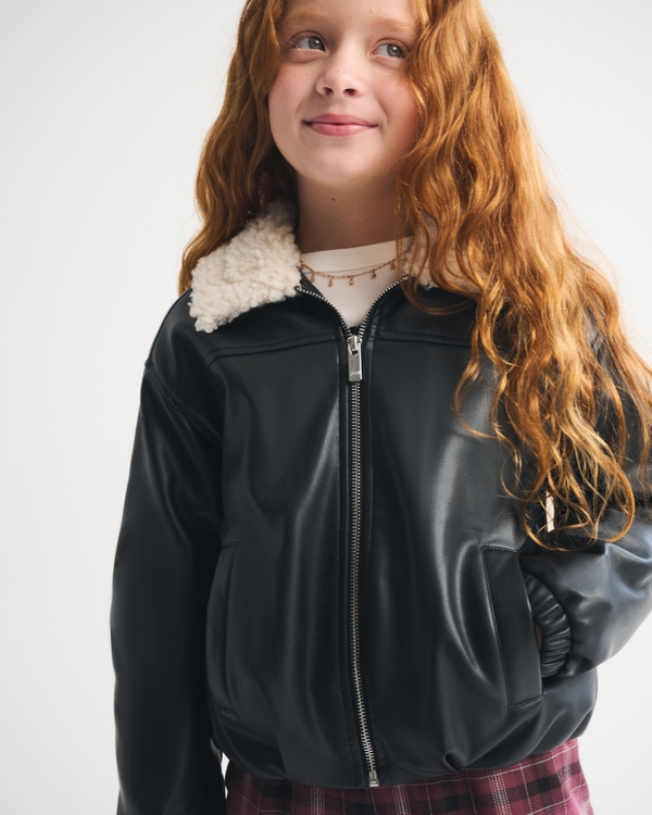 faux fur-lined vegan leather bomber jacket, Black view 1