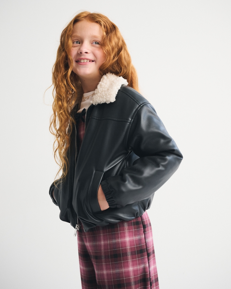 faux fur-lined vegan leather bomber jacket