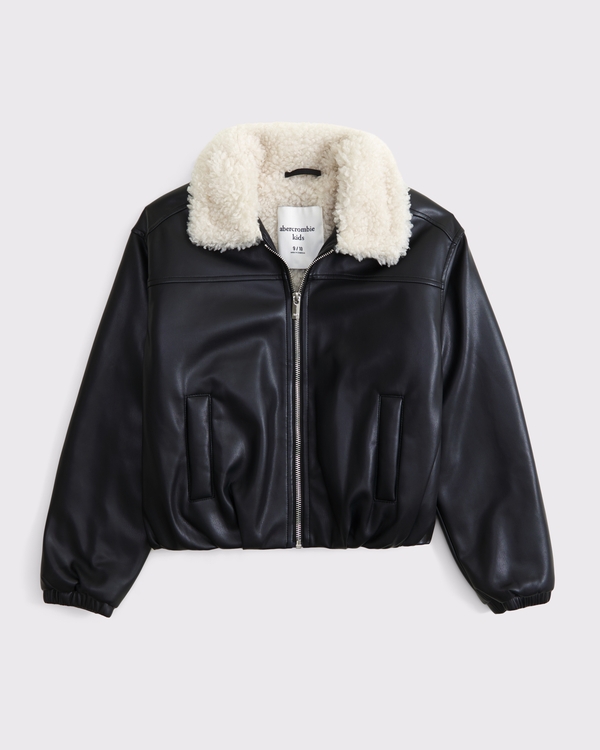 faux fur-lined vegan leather bomber jacket, Black view 2