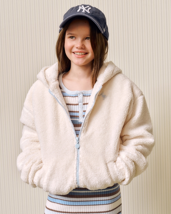 hooded sherpa full-zip jacket, Cream view 1