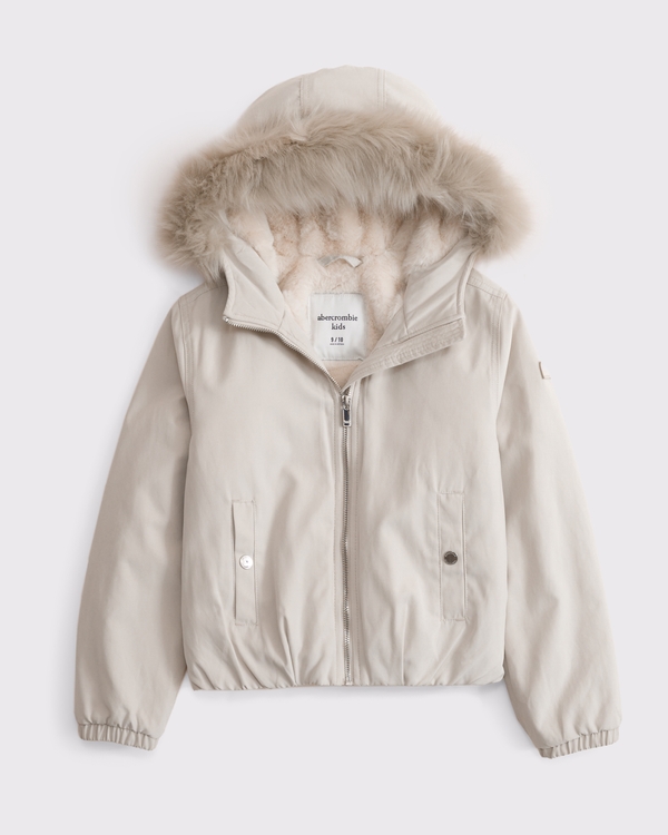 hooded faux fur-trimmed bomber jacket, Beige view 1