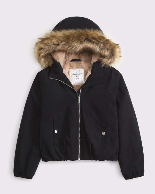 hooded faux fur-trimmed bomber jacket, Black view 1