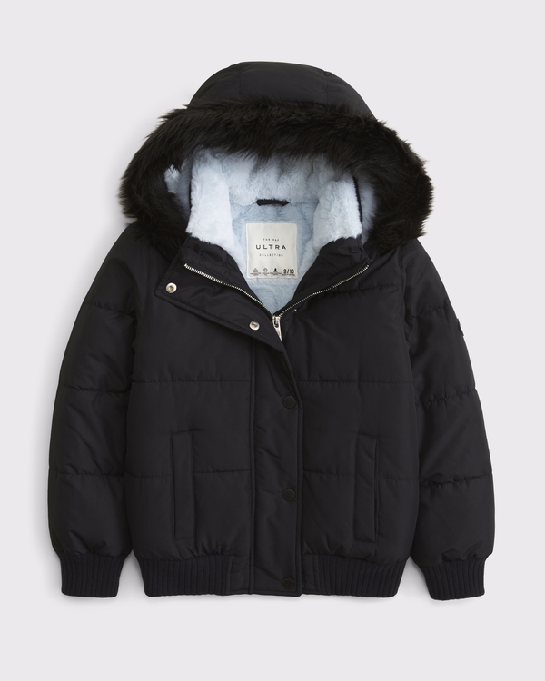 a&f ultra hooded faux fur-trim puffer jacket, Black view 1