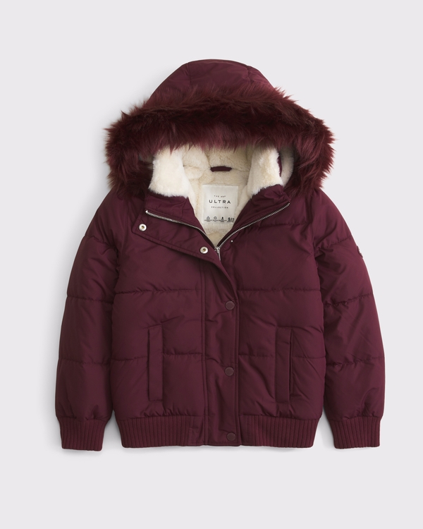 a&f ultra hooded faux fur-trim puffer jacket, Maroon view 1