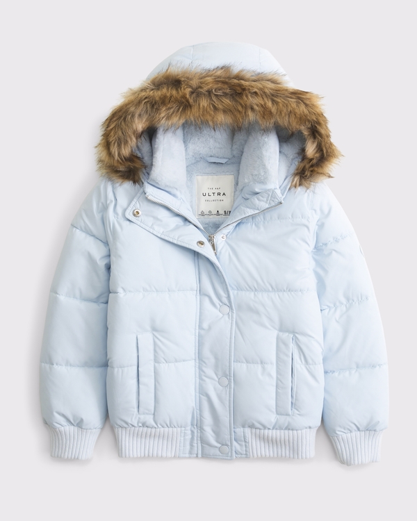 a&f ultra hooded faux fur-trim puffer jacket, Ballet Blue view 1