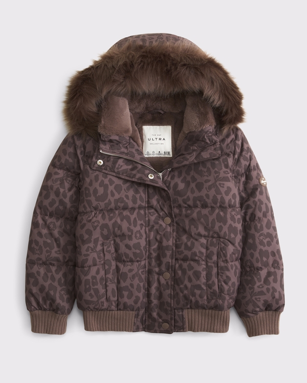 a&f ultra hooded faux fur-trim puffer jacket, Leopard Print view 1