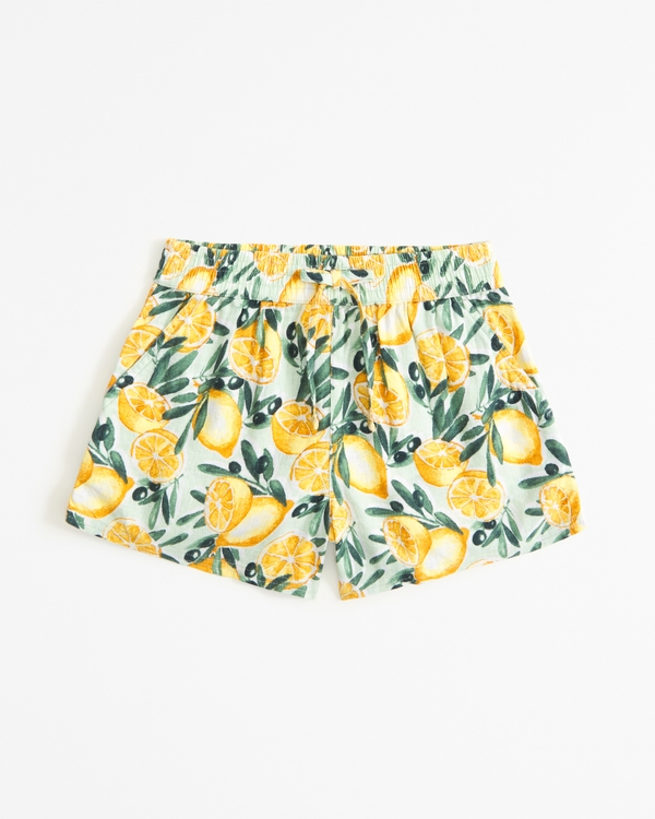linen-blend pull-on shorts, Lemon Print